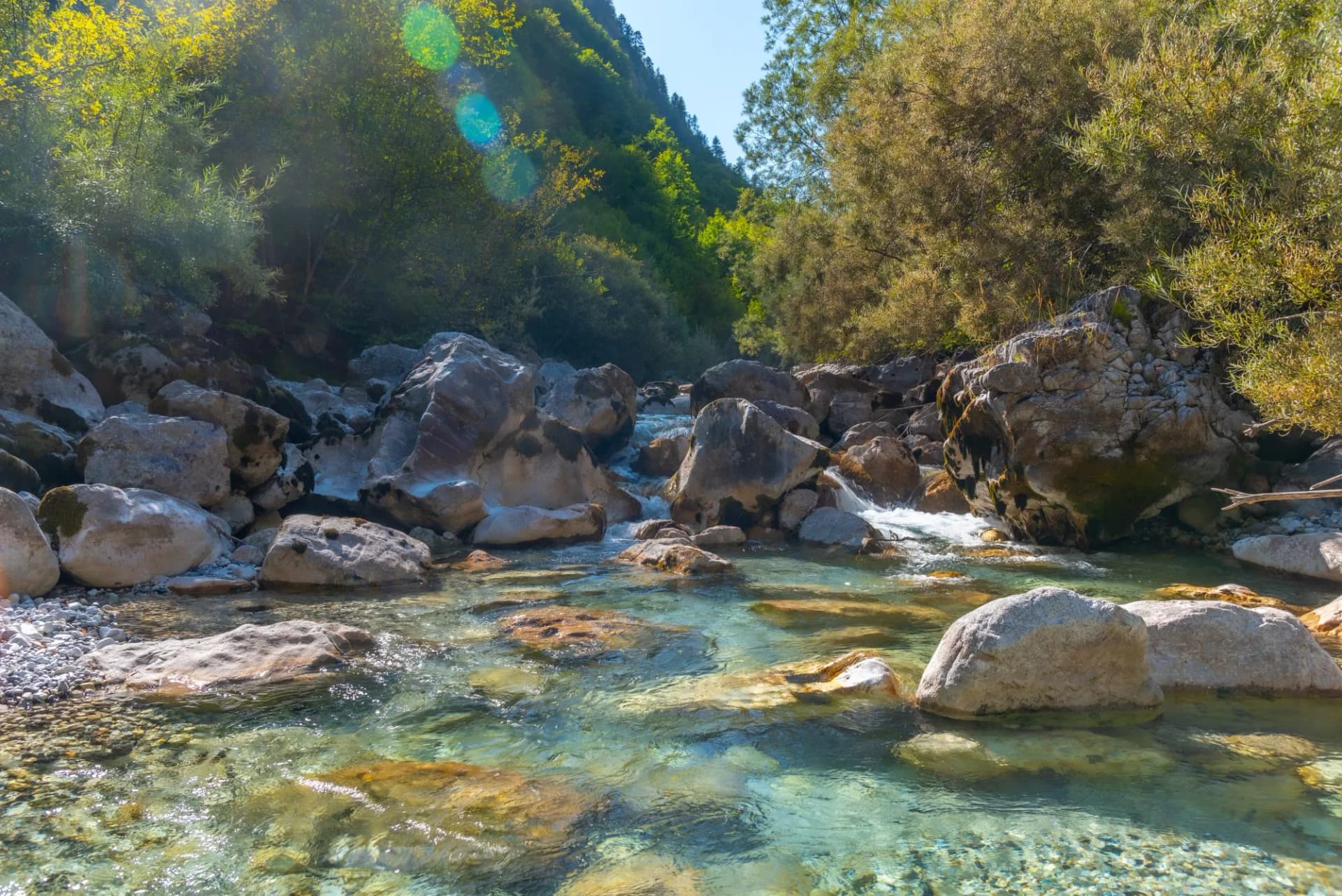 Clear turquoise river flowing over rocks surrounded by lush green nature in Valbona, Albania.