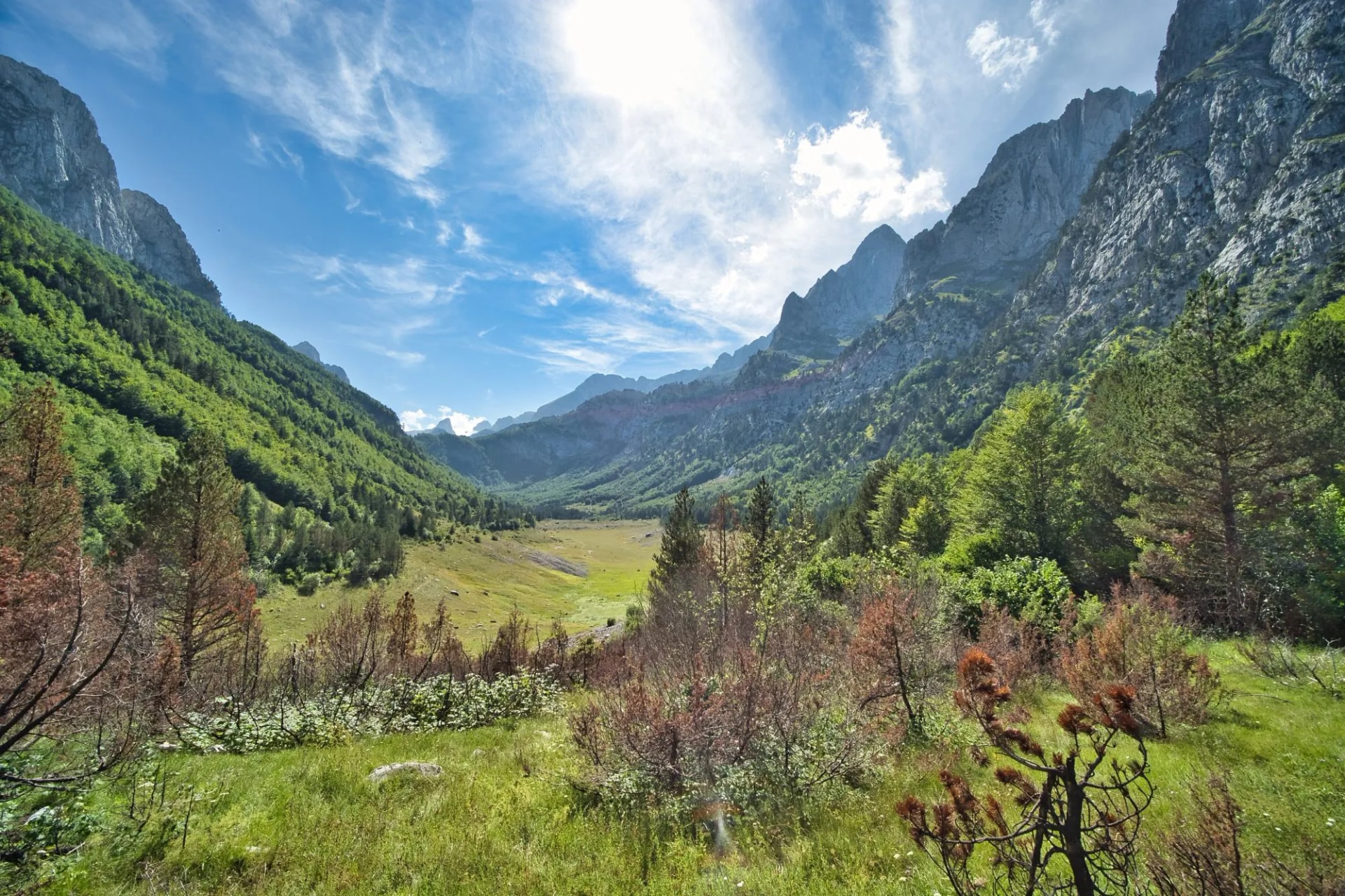 Panorama of the Ropojana valley in the Prokletije National Park with steep, forested mountains under a bright, cloudy sky.