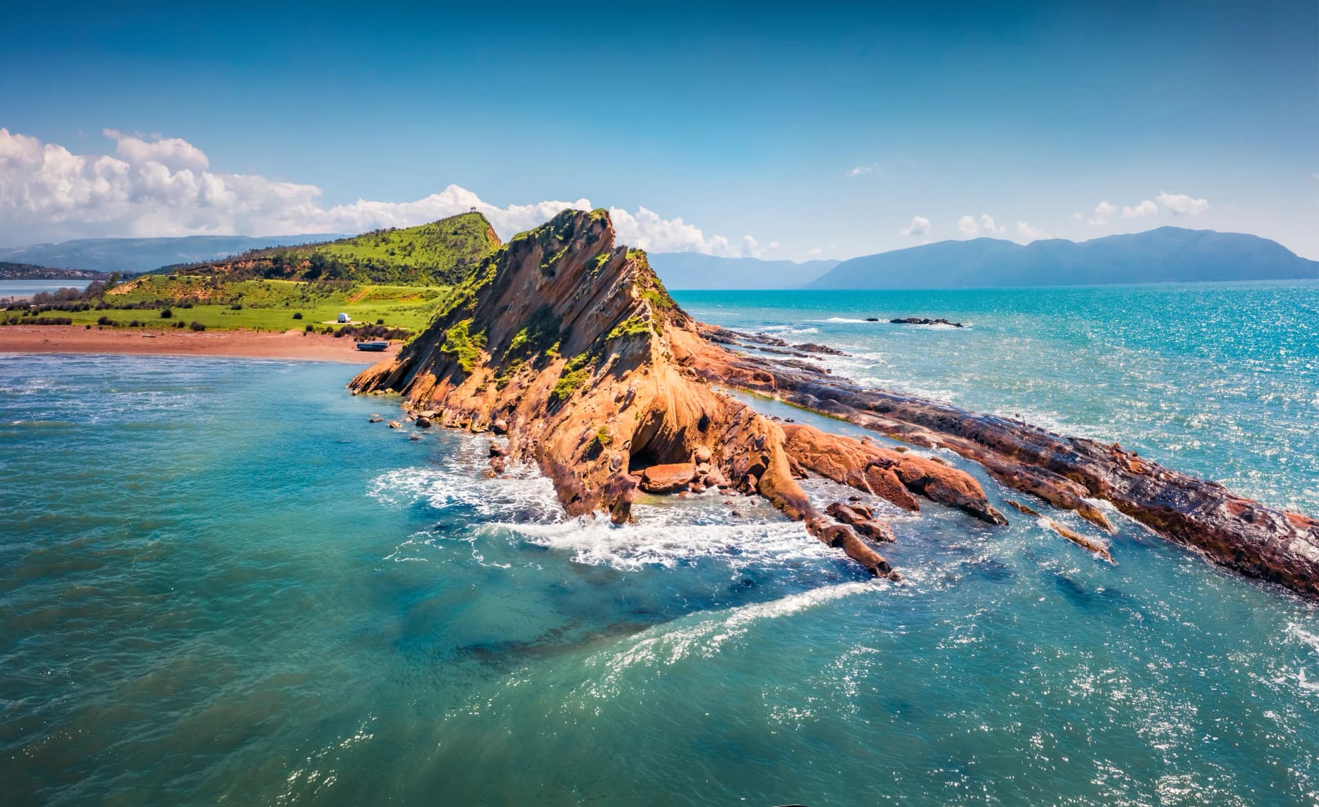 Splendid spring view from flying drone of Dalan and Voge hiking area. Colorful seascape of Adriatic sea. Majestic morning scene of Albania, Europe. Beauty of nature concept background.