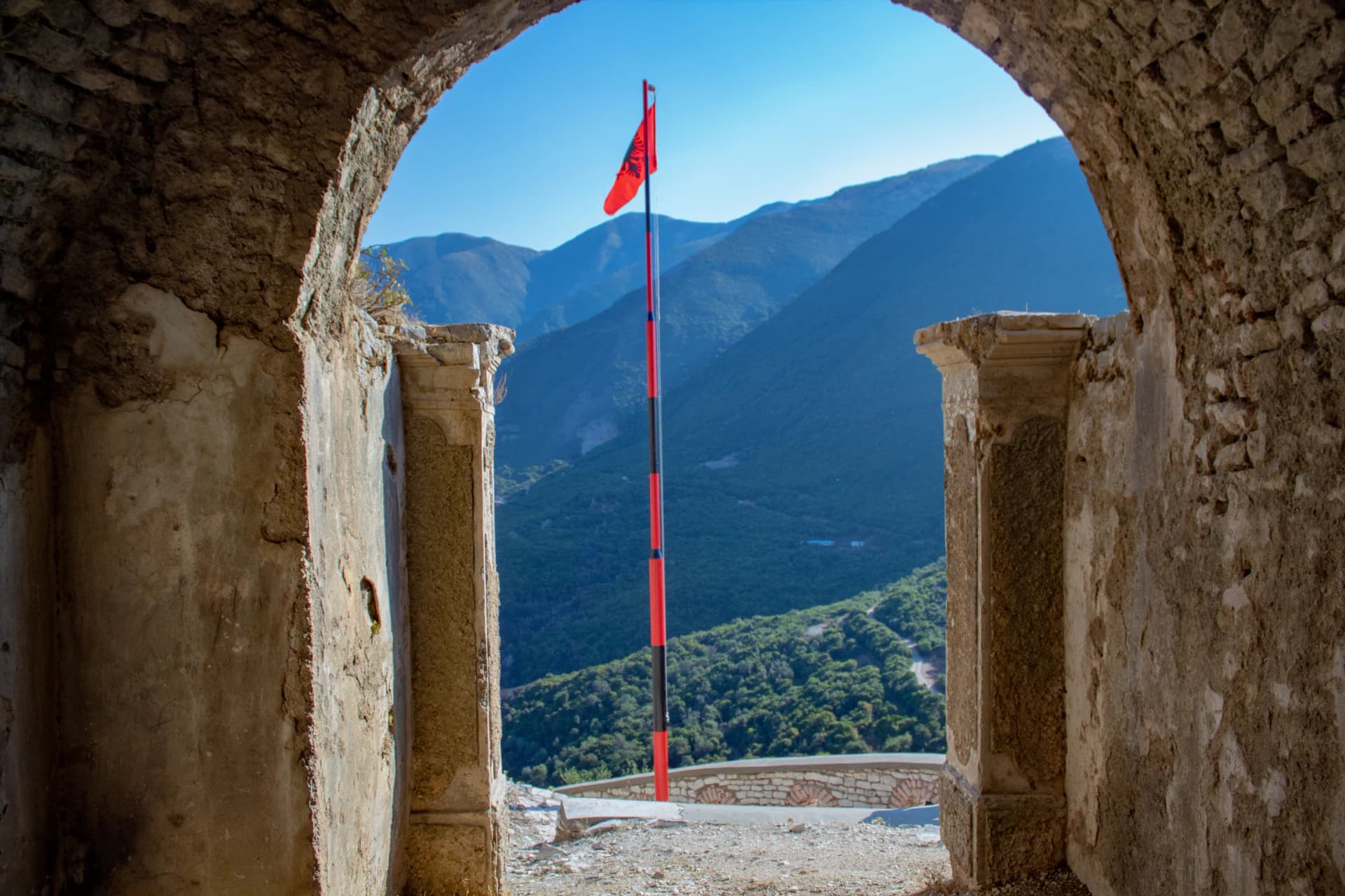 ancient archaeological ruins of the castle of Borsh in Albania near saranda and the original ottoman mosque