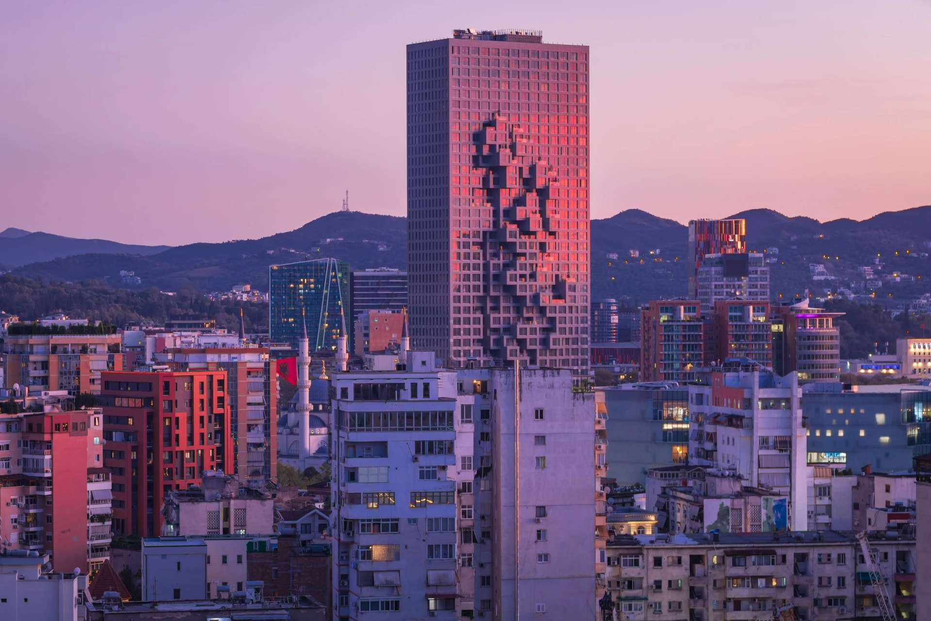The Downtown One tower in sunset light in the city of Tirana.
