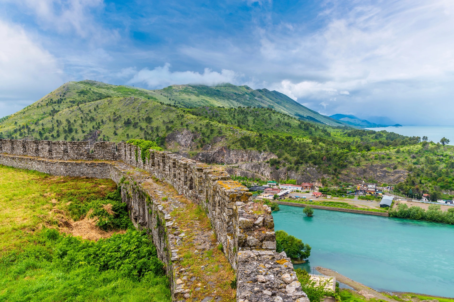 A view along the wall of the Rozafa castle above Shkoder in Albania in summertime